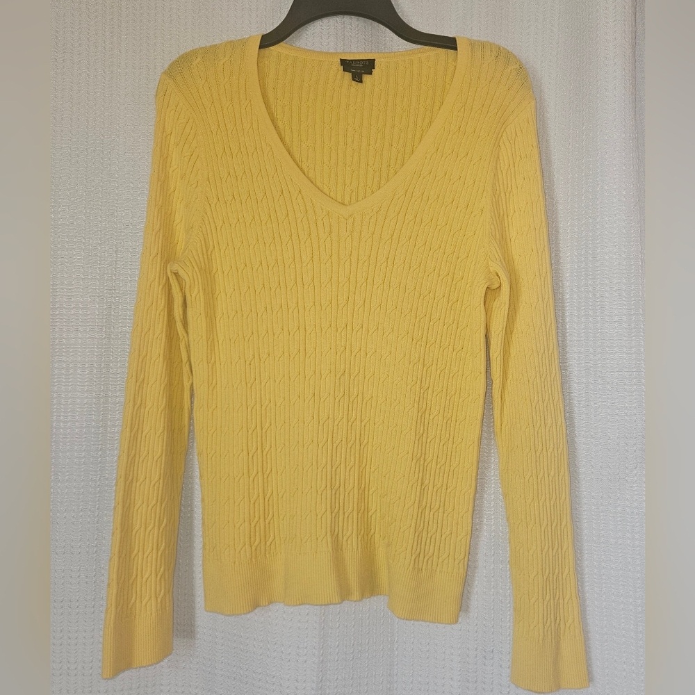 Talbots yellow cable knit V-neck pullover sweater Size Large See Measurments